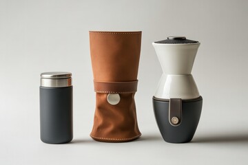 A compact pour-over travel set featuring a collapsible dripper, a portable hand grinder, and a thermos, designed for coffee lovers who enjoy their pour-over experience on the go