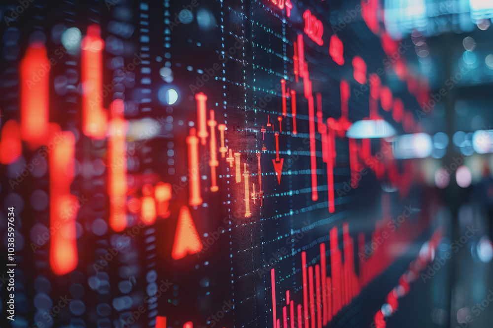 Poster The stock market shows an index graph with downward-pointing arrow signs indicating a slight decline