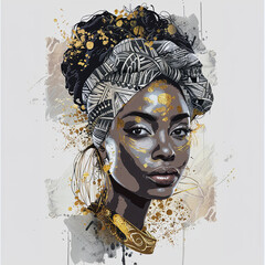 Digital illustration featuring a vibrant African-inspired portrait with gold accents and bold artistic elements. This modern design emphasizes cultural beauty and heritage.