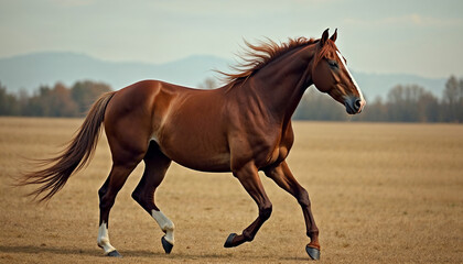 Obraz premium A brown horse running in a field with a clear sky in the background