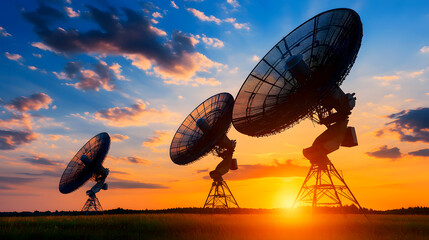Obraz premium Satellite Dishes in Remote Sunset Landscape