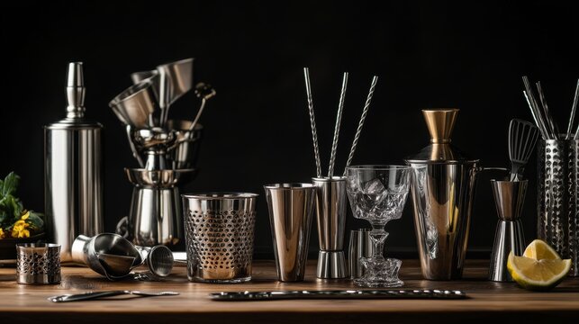 A stylish cocktail mixology bar with mixology tools and premium liquors, Mixology tools and cocktail glasses neatly arranged, Trendy mixologist style
