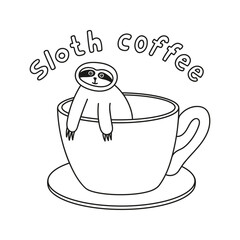 Adorable hand drawn sloth inside cup of coffee doodle. Tropical bear with cute phrase, sloth coffee.