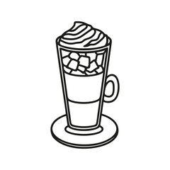 Coffee cup frappe. Chocolate syrop, whipped cream, espresso, ice, steamed milk. Hand drawn doodle.