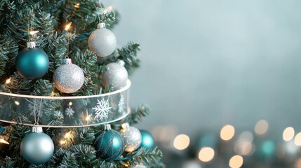 A beautifully decorated Christmas tree featuring silver and teal ornaments, adorned with twinkling lights and a festive ribbon.