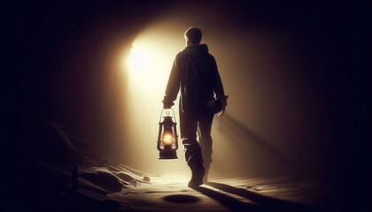 Man walking from darkness to light with old lantern in hand