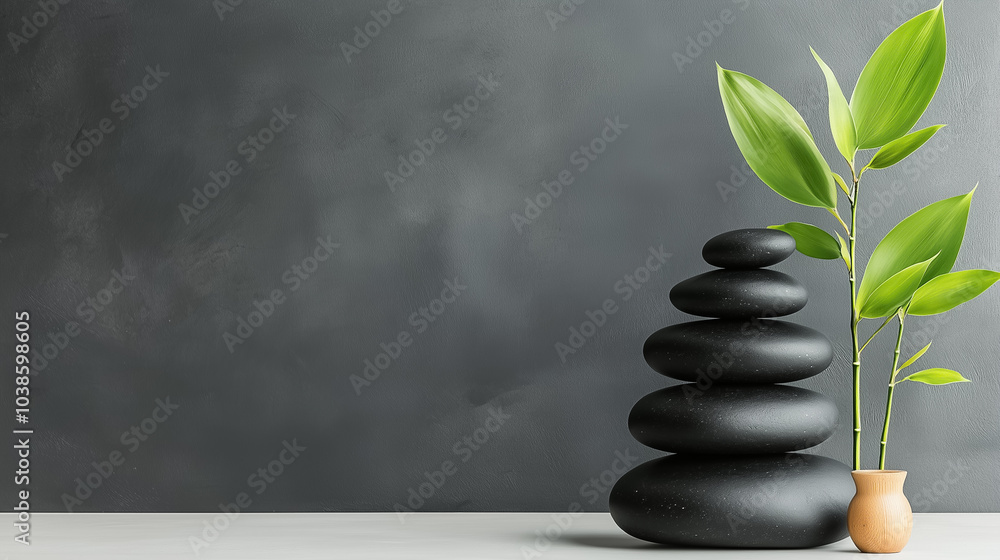 Poster a calming display of stacked basalt stones with bamboo in a simple vase, perfect for creating a soot