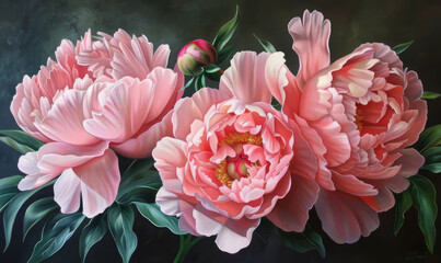 Floral banner with pink peonies oil painting, vintage illustration for wedding, Mothers day, Womans day card. Flower composition with place for text, copy space. Flat lay, top view