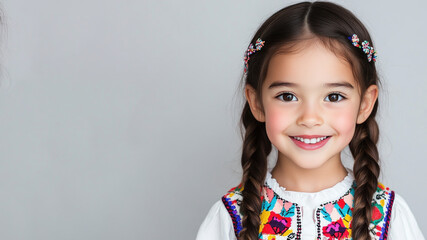 Canadian little girl in traditional bunad folk costume isolated on grey