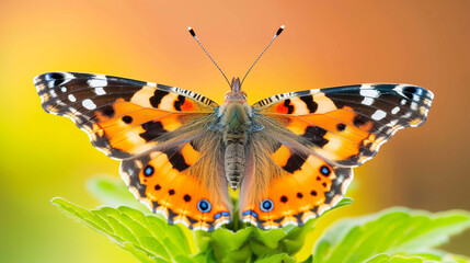 Obraz premium Delicate Butterfly with Spots on Green Flowers, Vibrant Wing Patterns against Soft Background. 