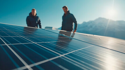 Closeup of solar panels mega project green energy concept blue sky