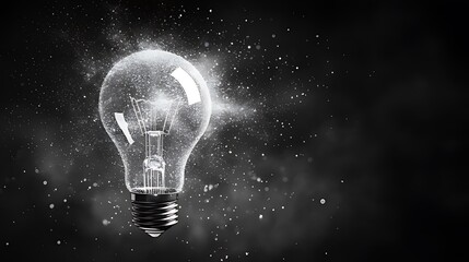 A lightbulb with a burst of light in the shape of a cloud, on a black background.