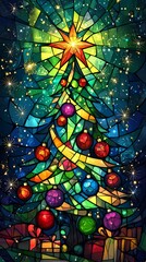 Vibrant Stained Glass Christmas Tree with Colorful Ornaments and Star