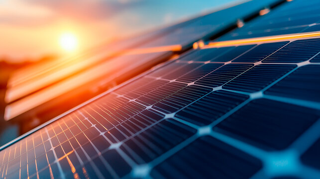 Closeup of solar panels mega project green energy concept blue sky