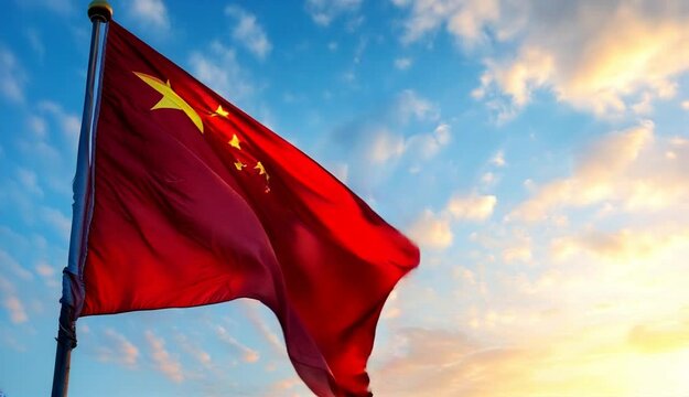 A Chinese flag flapping in the sky. The flag is waving in the wind and the sky is blue with some clouds