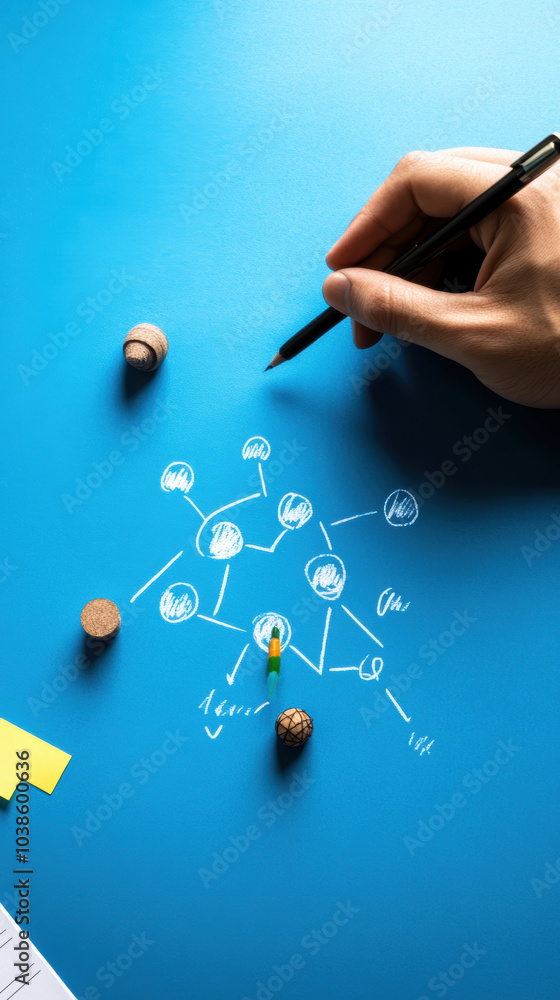 Poster person is sketching flowchart on blue surface, using pen and surrounded by small wooden objects and sticky notes. scene conveys creativity and planning