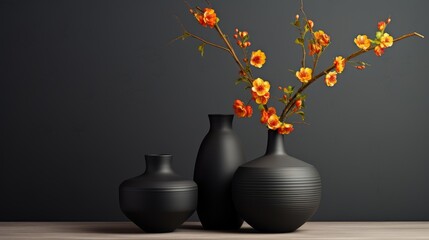 Yellow Blossoms in a Black Vase Against a Neutral Backdrop

