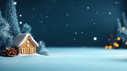 Naklejka premium charming winter cityscape featuring gingerbread house surrounded by snow and pine trees, evoking cozy holiday spirit