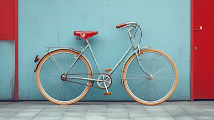 A vintage blue bicycle with red saddle and yellow tires parked against a blue and red wall.