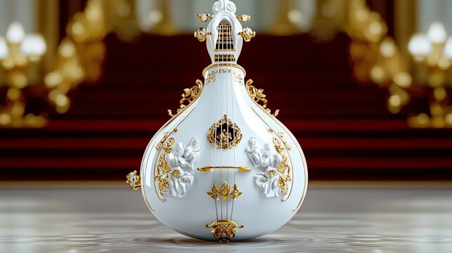 Baroque-inspired theorbo with ivory accents and carved figures