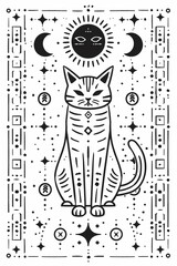 Naklejka premium Adult colouring book page Mystical Cat with Celestial Symbols Illustration 