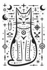 Adult colouring book page	Mystical Cat with Celestial Symbols Illustration  
