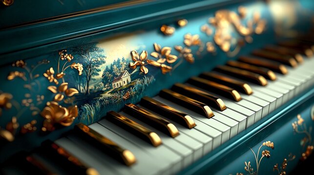 Baroque-inspired harpsichord with painted pastoral scenes and gilded accents