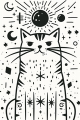 Adult colouring book page	Mystical Cat with Celestial Symbols Illustration  
