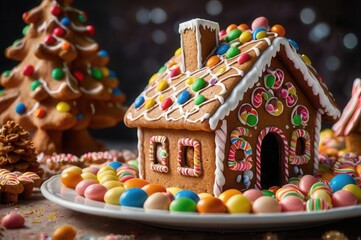 a gingerbread house with candy on a plate