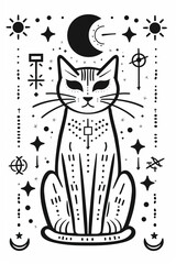 Adult colouring book page	Mystical Cat with Celestial Symbols Illustration  
