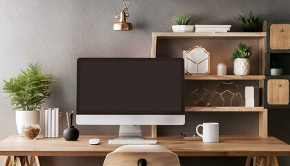 Modern home office with a wooden desk and computer. 3D Rendering