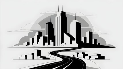 Obraz premium Minimalistic black and white city skyline illustration with simplified buildings and winding road
