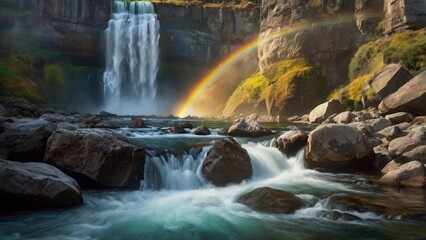 a rainbow is over a waterfall landscape