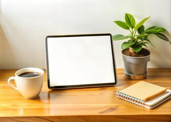 Digital tablet or pad mockup with blank screen, cup of coffee, green plant on home office desk table.