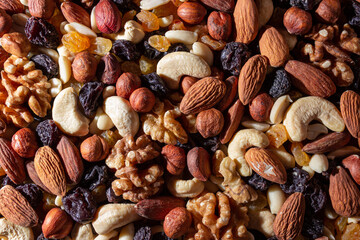 Mixed Nuts: Almonds, Walnuts, Cashews, Peanuts, Hazelnuts, Dried Prunes and Raisins. Different Nut Mix. Background from Various Nuts and Dried Fruits