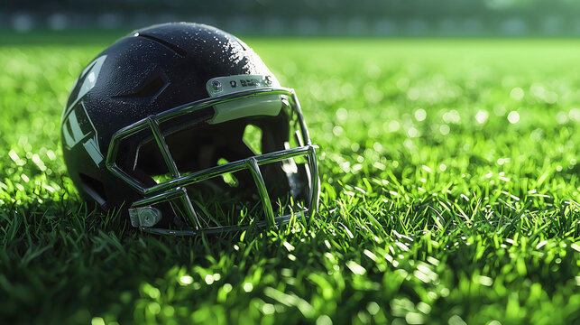 A black rugby head guard, an essential part of any rugby gear, made of metal and plastic, placed on a green rugby field, sports equipment.