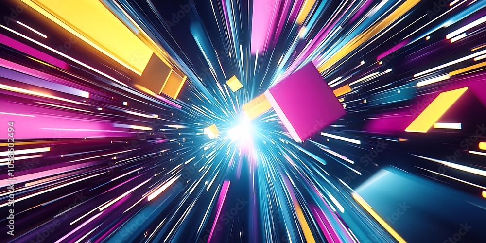 Poster vibrant abstract digital art with neon light trails and 3d geometrical shapes : generative ai