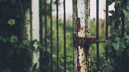Closed factory gates with rusting metal and faded paint, symbolizing the decline of industry and the passage of time, reflecting a poignant reminder of economic shifts and the human impact of change