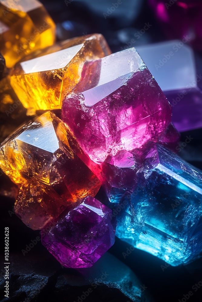 Poster Vibrant Collection of Colorful Crystals on Dark Background with Amethysts and Citrines : Generative AI