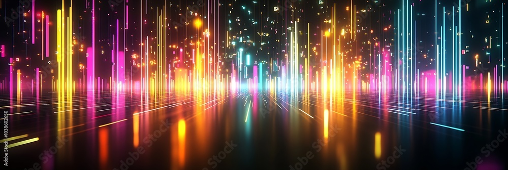 Aufkleber colorful vertical neon light trails on a reflective surface with sparkling effects : generative ai