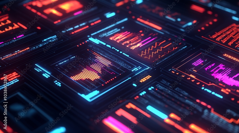 Poster Futuristic Digital Data Visualization Screens With Colorful Graphs And Analytics Displaying Trends : Generative AI