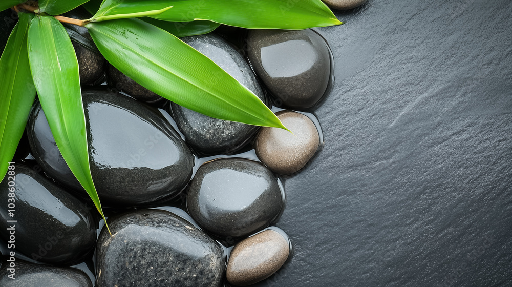 Poster basalt stones are arranged with bamboo leaves, creating a tranquil setting ideal for mindfulness and