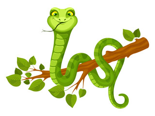 Cute green snake, hanging from tree branch. Cute and fun smiling reptile, zodiac symbol of 2025 Chinese New Year. Cartoon vector illustration