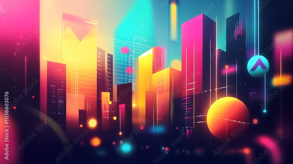 Poster vibrant abstract metropolis with futuristic neon colors and geometric skyscrapers in night light : g