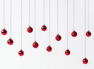 Fototapeta premium Three red Christmas ornaments hanging on strings, against a white background. Merry Christmas and Happy New Year
