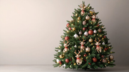 beautifully decorated Christmas tree featuring reindeer ornaments and colorful baubles