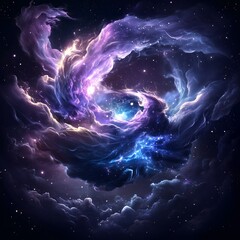 A colorful galaxy with a spiral shape. The colors are purple, blue, and white