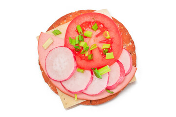 Crispy Cracker Sandwich with Tomato, Sausage, Cheese, Green Onions and Radish - Isolated on White. Easy Breakfast. Diet Food. Quick and Healthy Sandwiches. Crispbread with Tasty Filling - Isolation