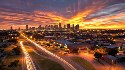 Stunning city skyline at sunset with warm golden light illuminating scene