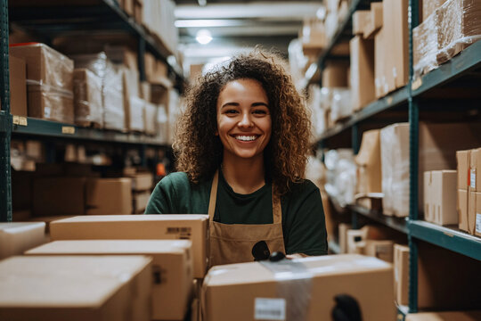 A warehouse employee in an apron smiles while standing among stacks of boxes in an organized storage facility aisle
